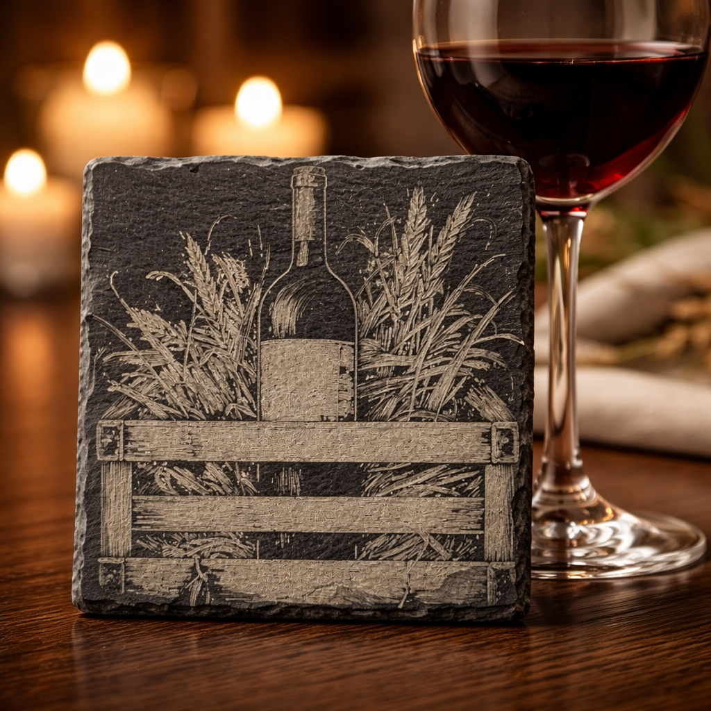 4 Inch Slate Coaster – Wine Bottle in Wheat– Wine theme