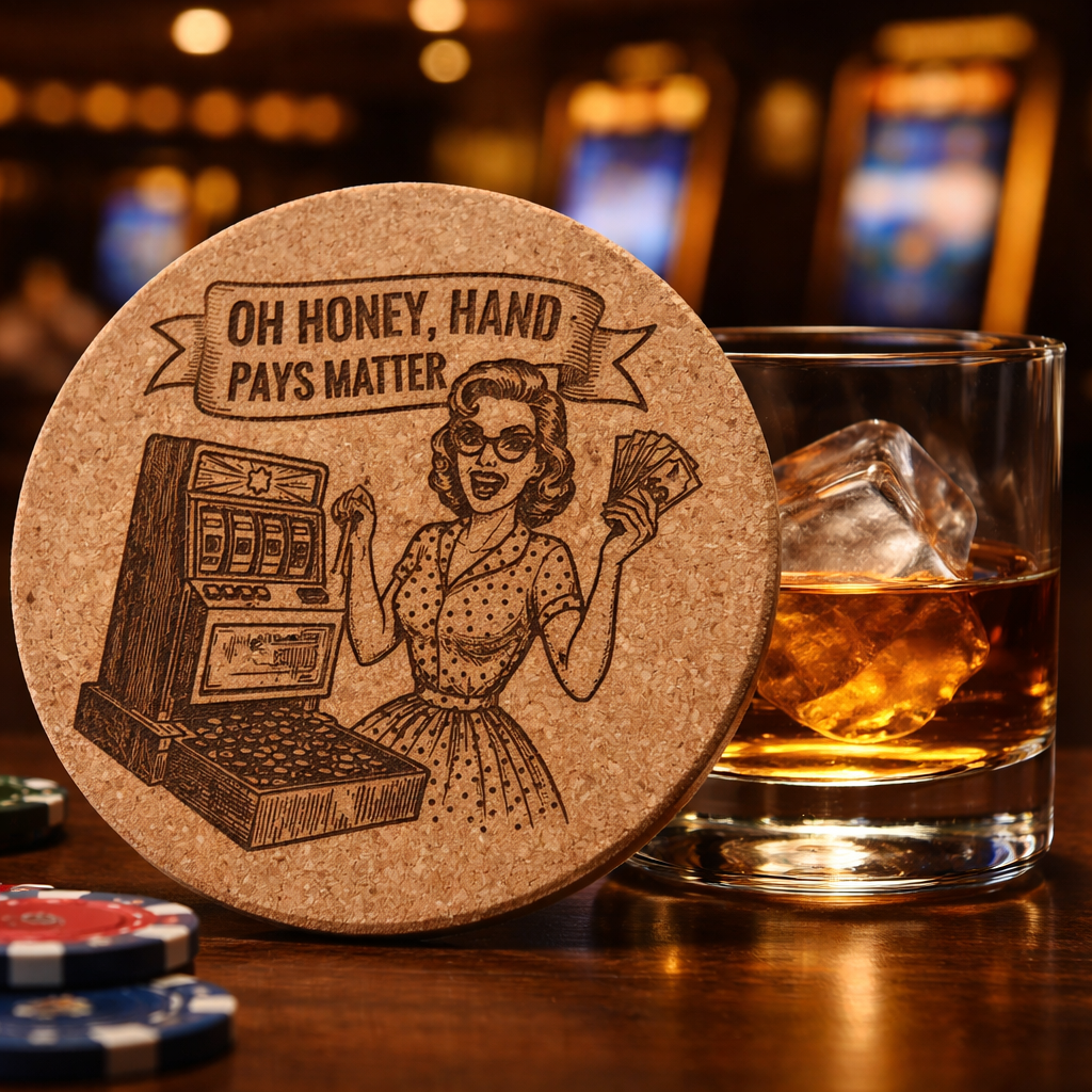 4 inch cork coaster – Oh Honey Hand Pays Matter – Casino Night theme