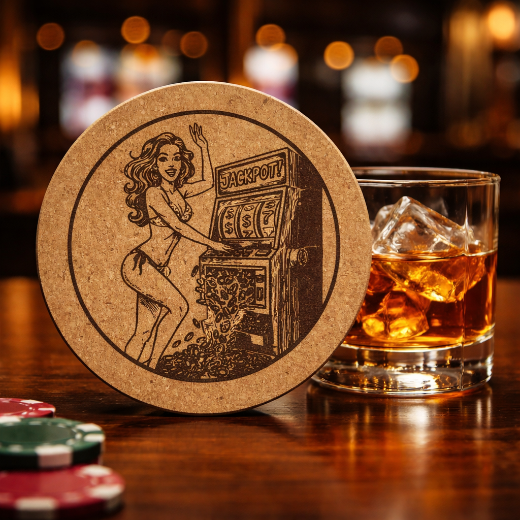 4 inch cork coaster – Woman In Bikini Playing Slots – Casino Night theme