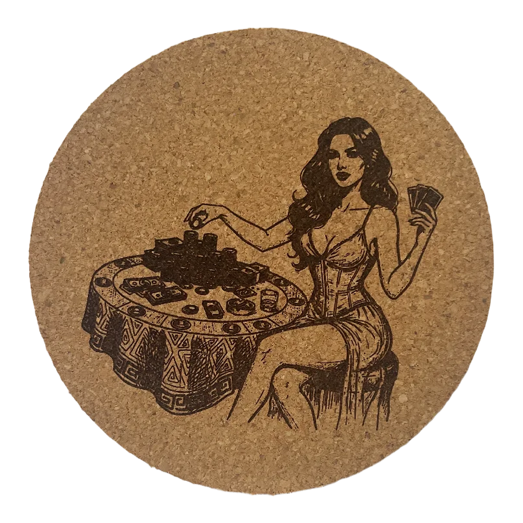 4 inch cork coaster – Woman Playing Poker – Casino Night theme