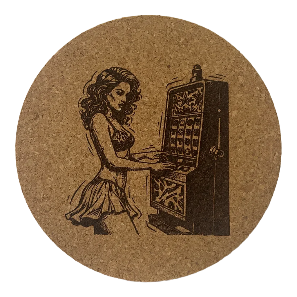 4 inch cork coaster – Woman Playing Slot Machine – Casino Night theme