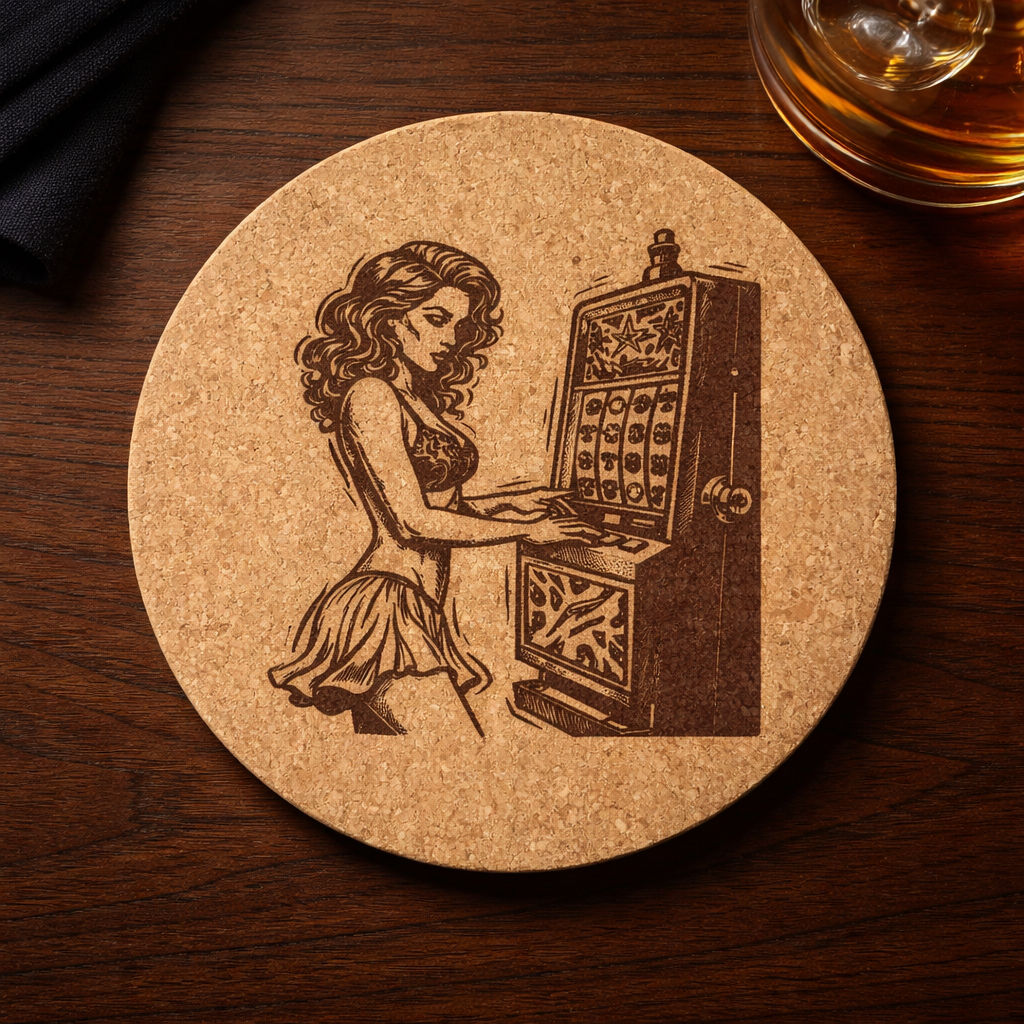 4 inch cork coaster – Woman Playing Slot Machine – Casino Night theme