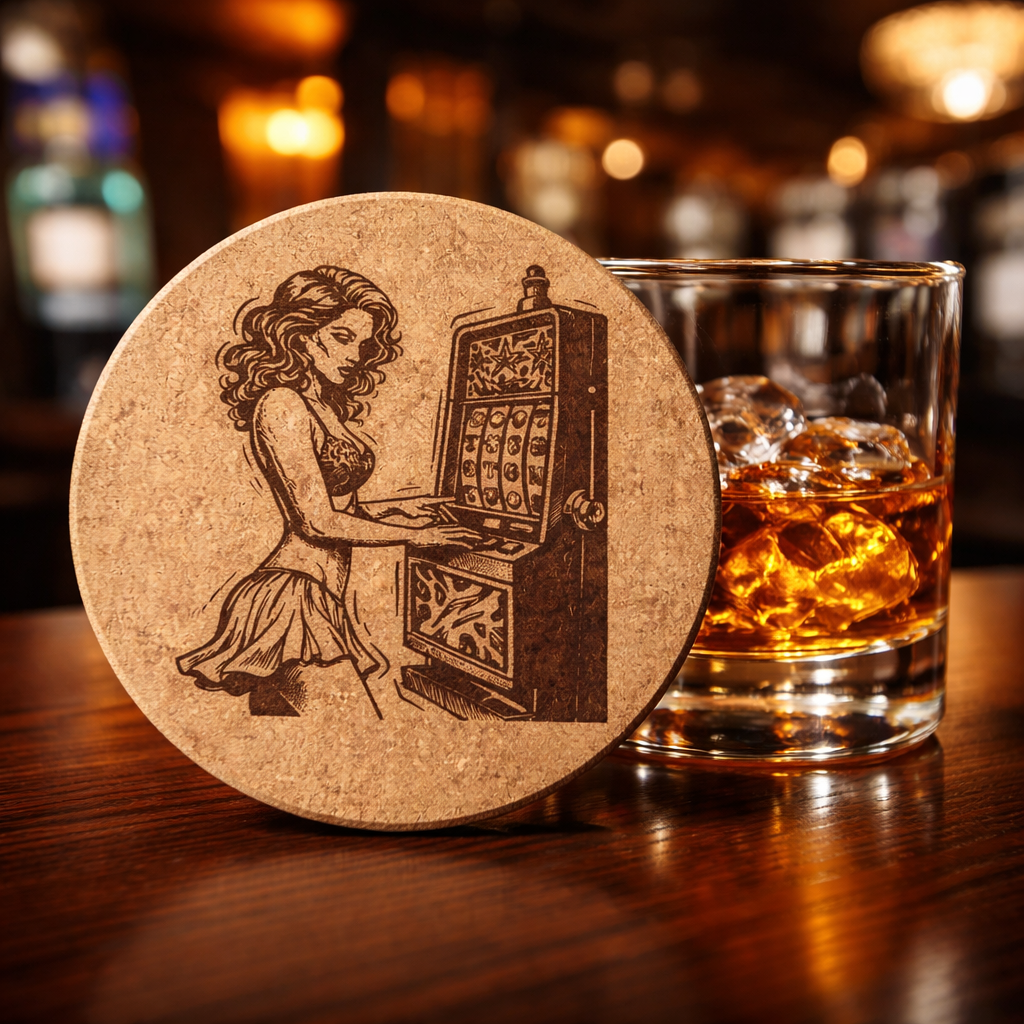4 inch cork coaster – Woman Playing Slot Machine – Casino Night theme