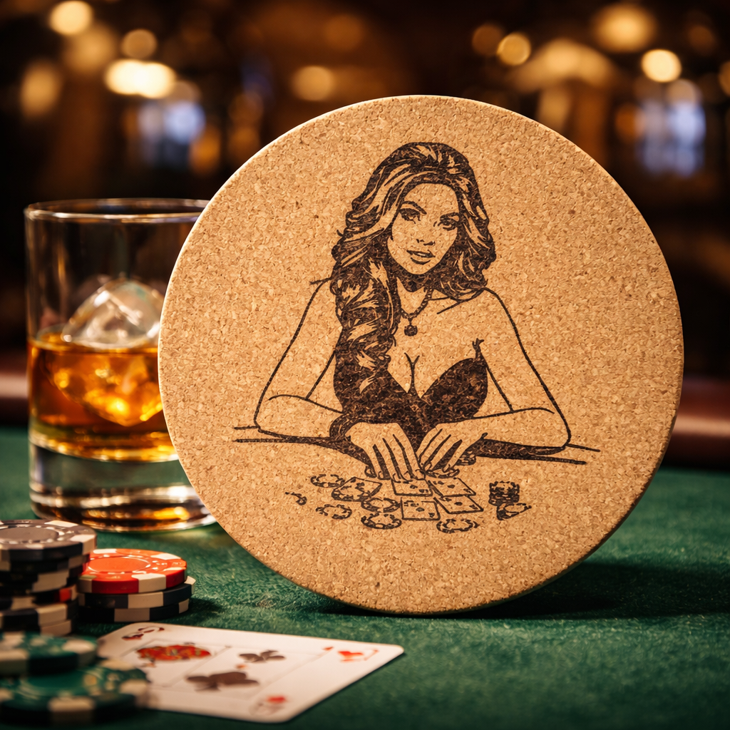 4 inch cork coaster – Woman Playing Poker 2 – Casino Night theme