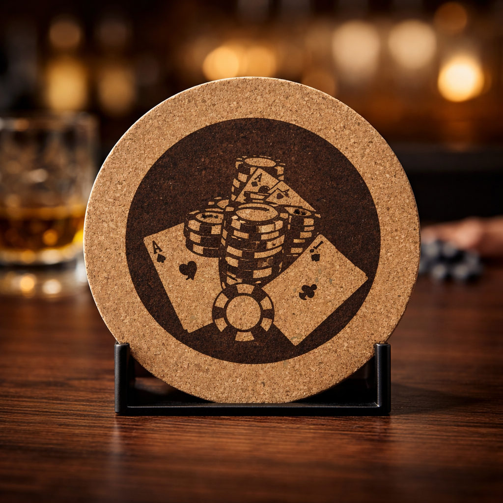 4 inch cork coaster – Poker Chips And Aces – Casino Night theme