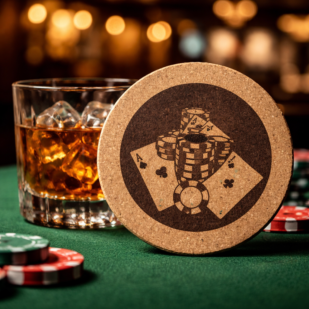 4 inch cork coaster – Poker Chips And Aces – Casino Night theme