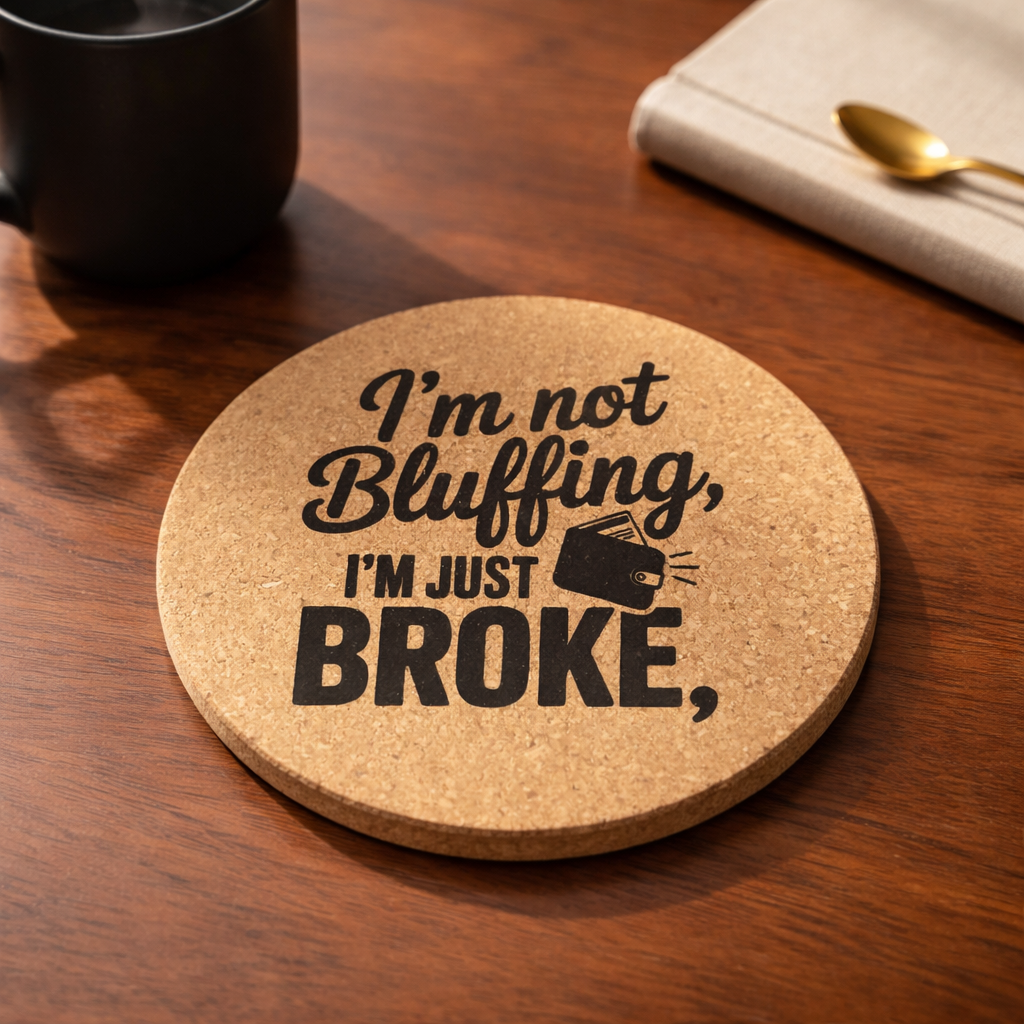 4 inch cork coaster – I'm Not Bluffing I'm Just Broke – Casino Night theme