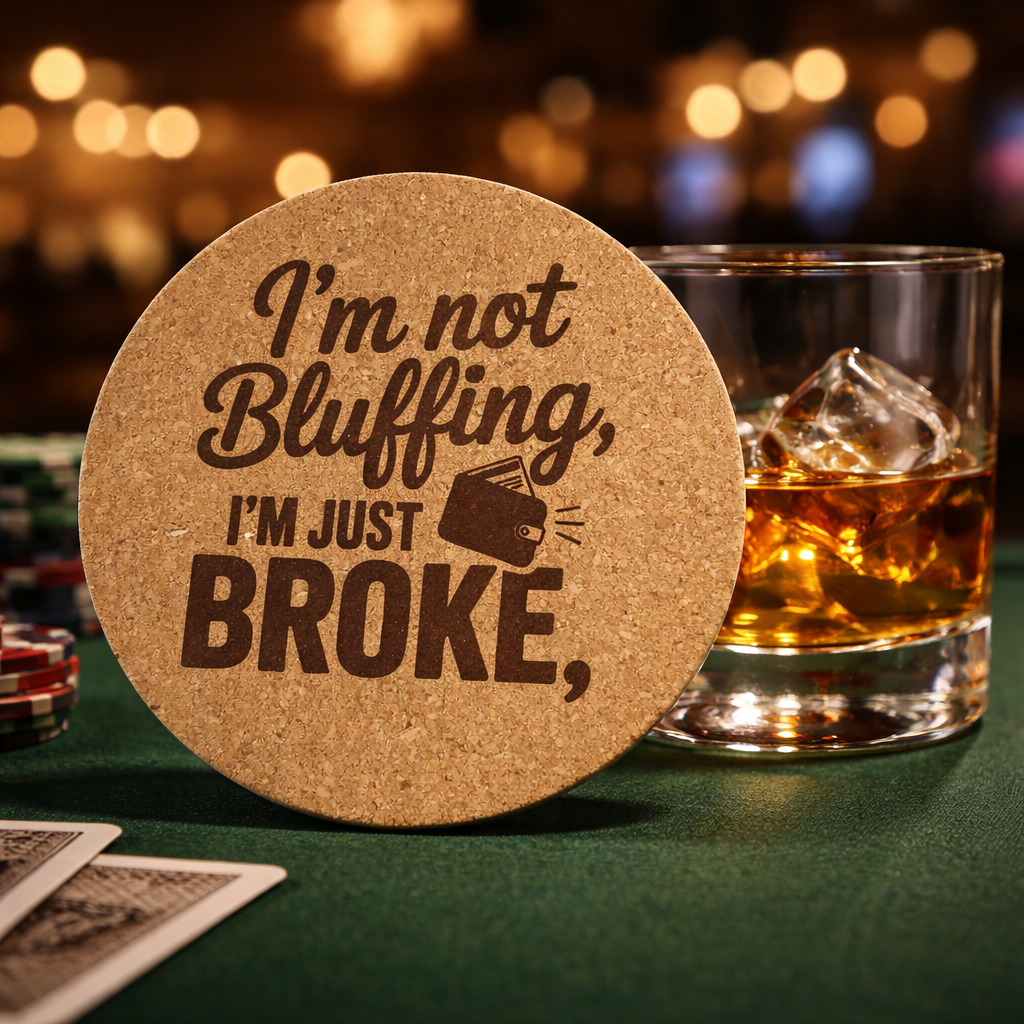 4 inch cork coaster – I'm Not Bluffing I'm Just Broke – Casino Night theme