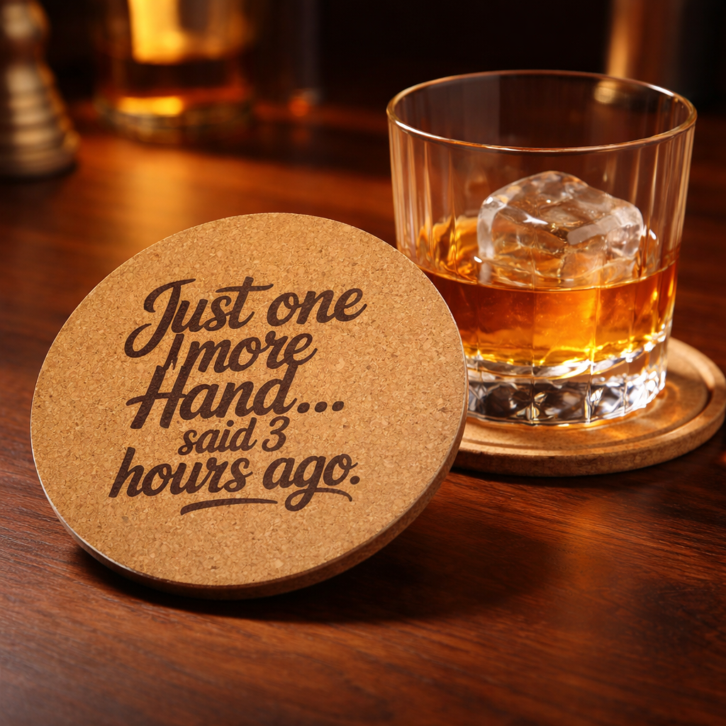 4 inch cork coaster – Just One More Hand Said 3 Hours Ago – Casino Night theme
