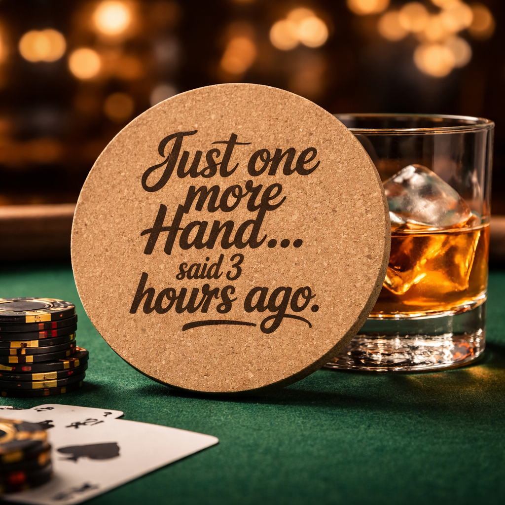 4 inch cork coaster – Just One More Hand Said 3 Hours Ago – Casino Night theme