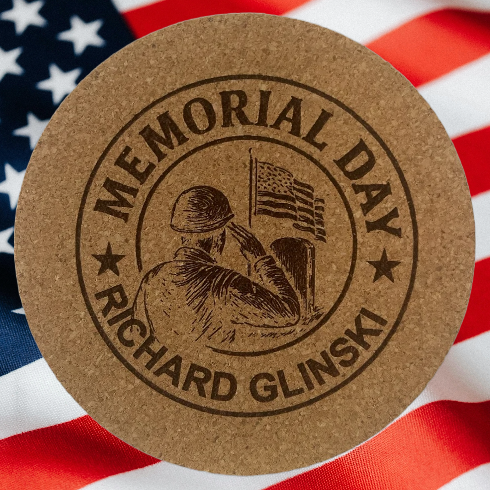 4 inch cork coaster – Memorial Day Personalized– Military Tribute theme