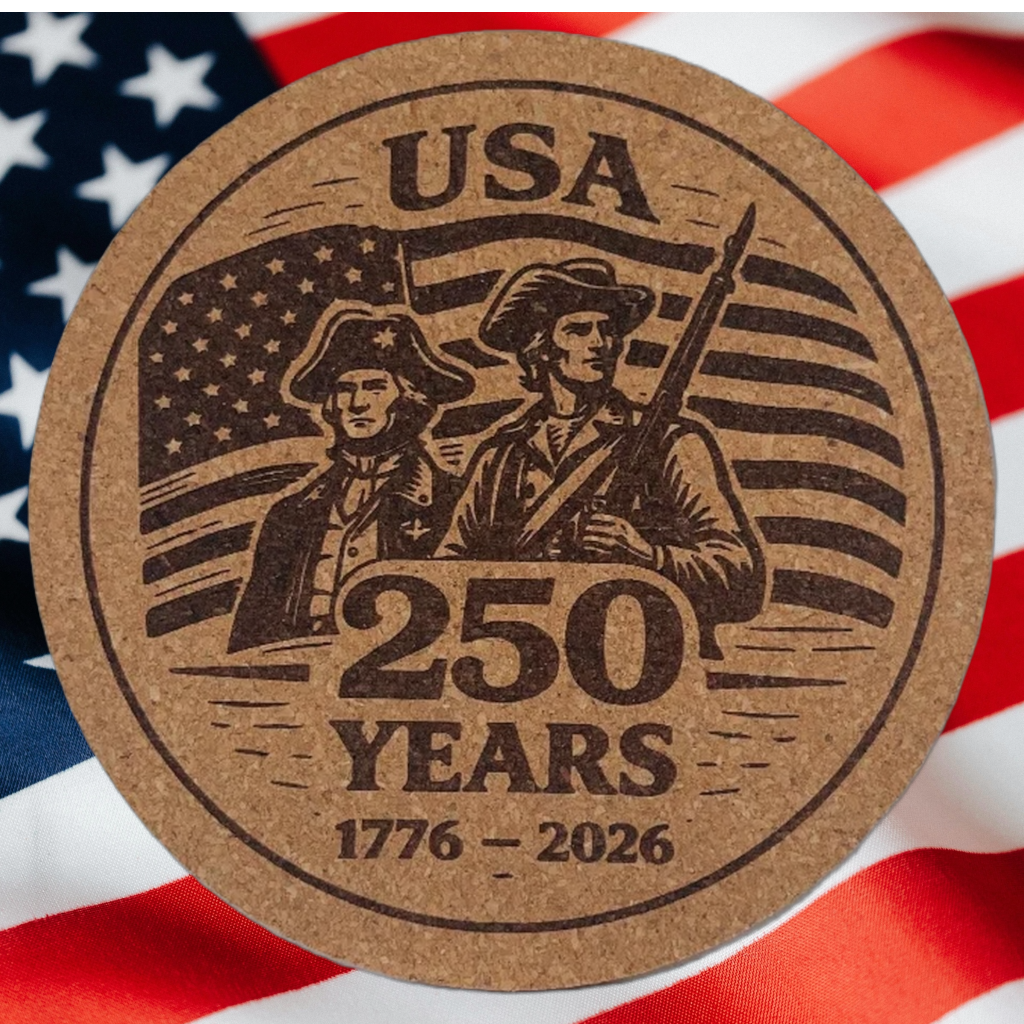 Circular纪念品 with 'USA 250 Years 1776-2026' text on an American flag background