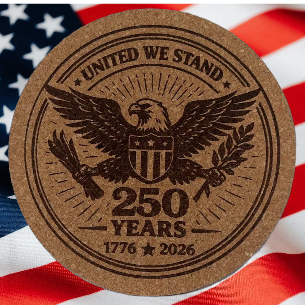4 inch cork coaster – UNITED WE STAND 250 YEARS 1776-2026 – America 250 theme design 02