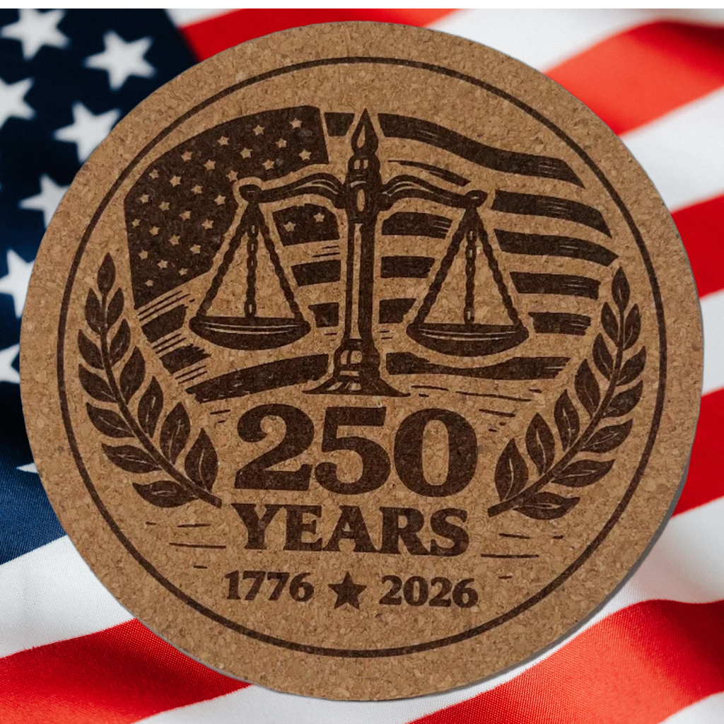 4 inch cork coaster – SCALES OF JUSTICE 250 YEARS 1776-2026 – America 250 theme design 03