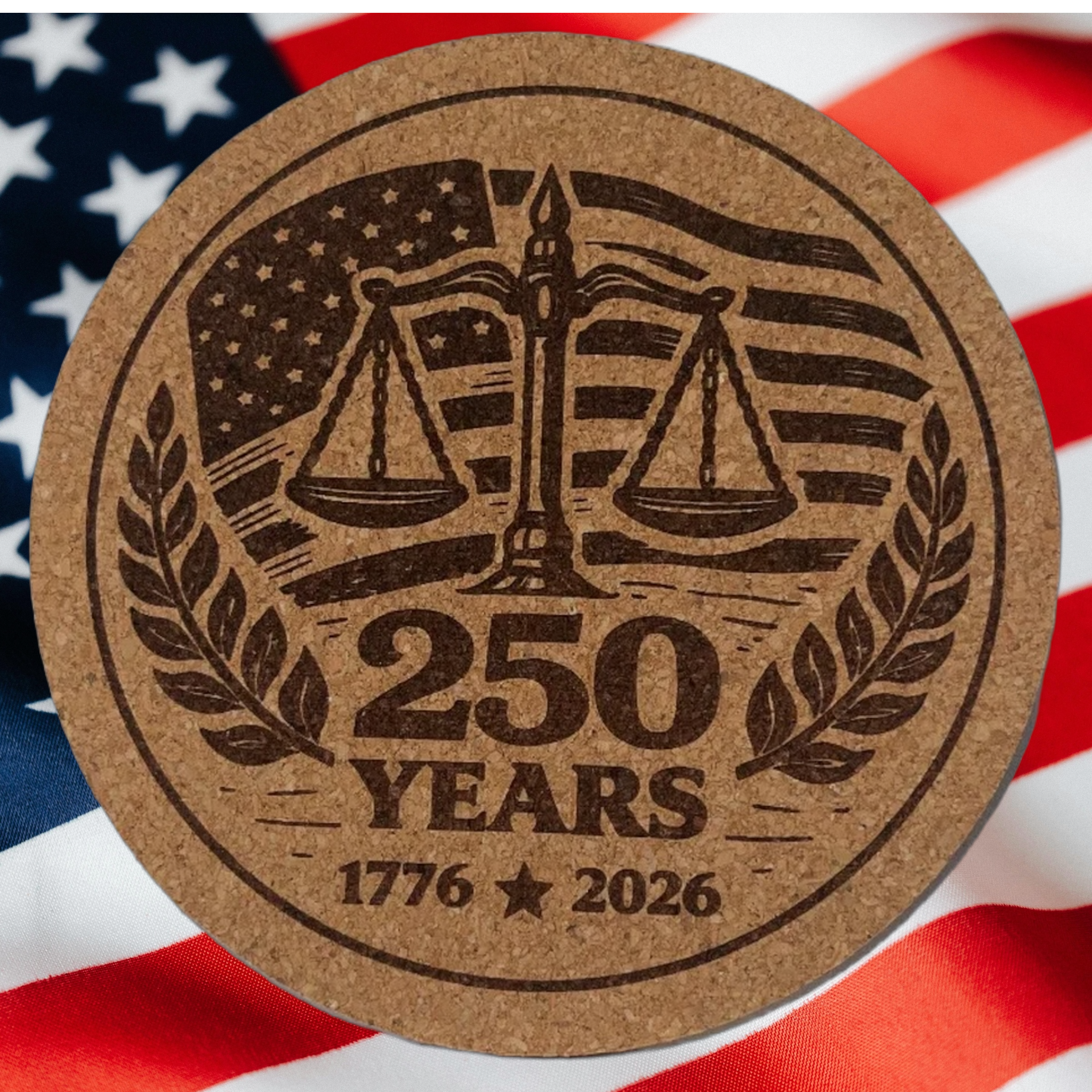 4 inch cork coaster – SCALES OF JUSTICE 250 YEARS 1776-2026 – America 250 theme design 03