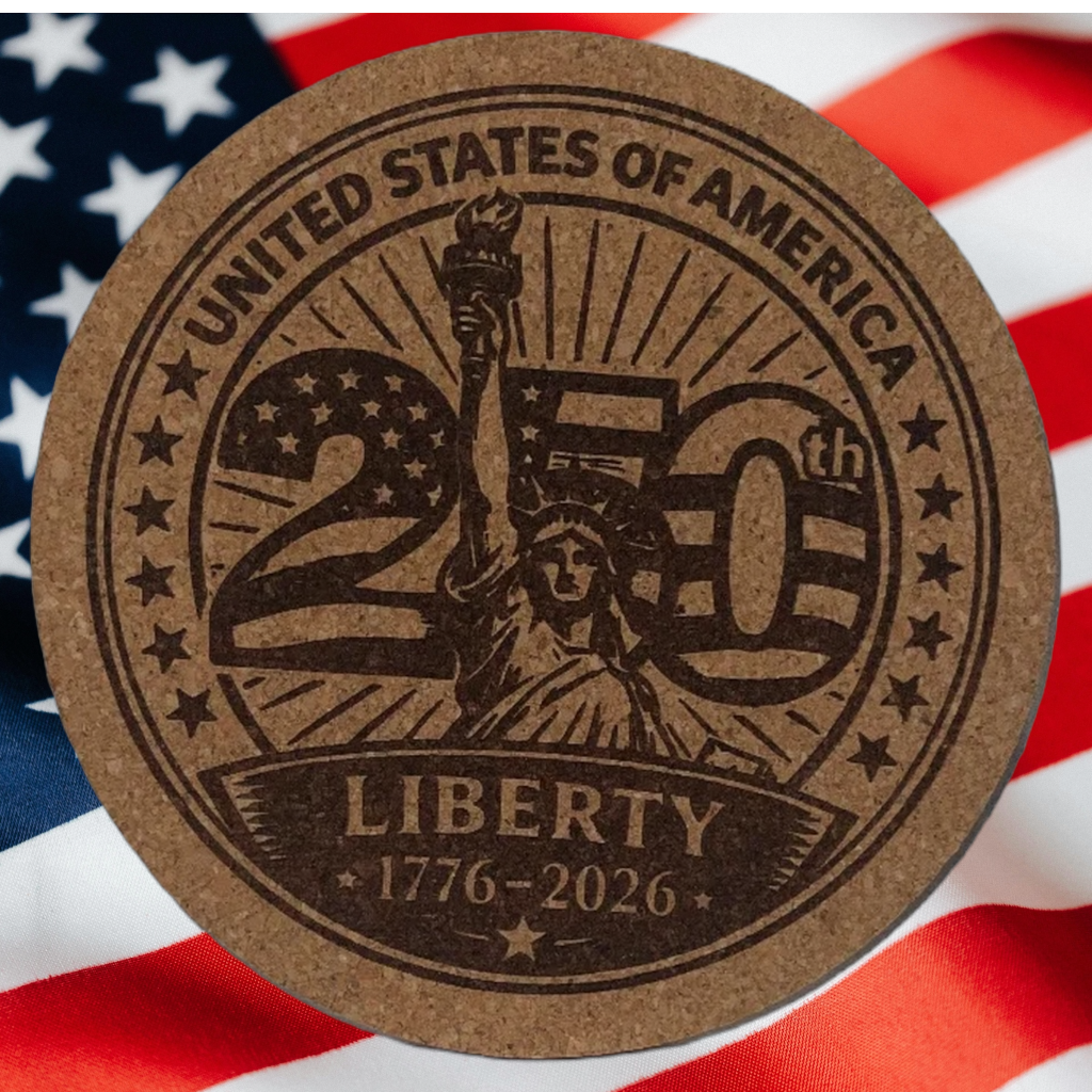 Circular coaster with 'United States of America 250 Liberty' design on an American flag background