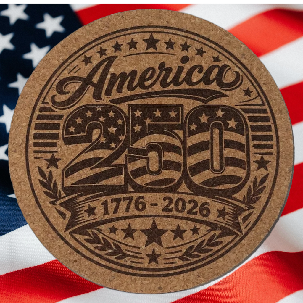Cork coaster with 'America 250' design on an American flag background