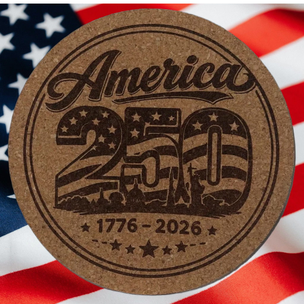 Round cork coaster with 'America 250' design on an American flag background