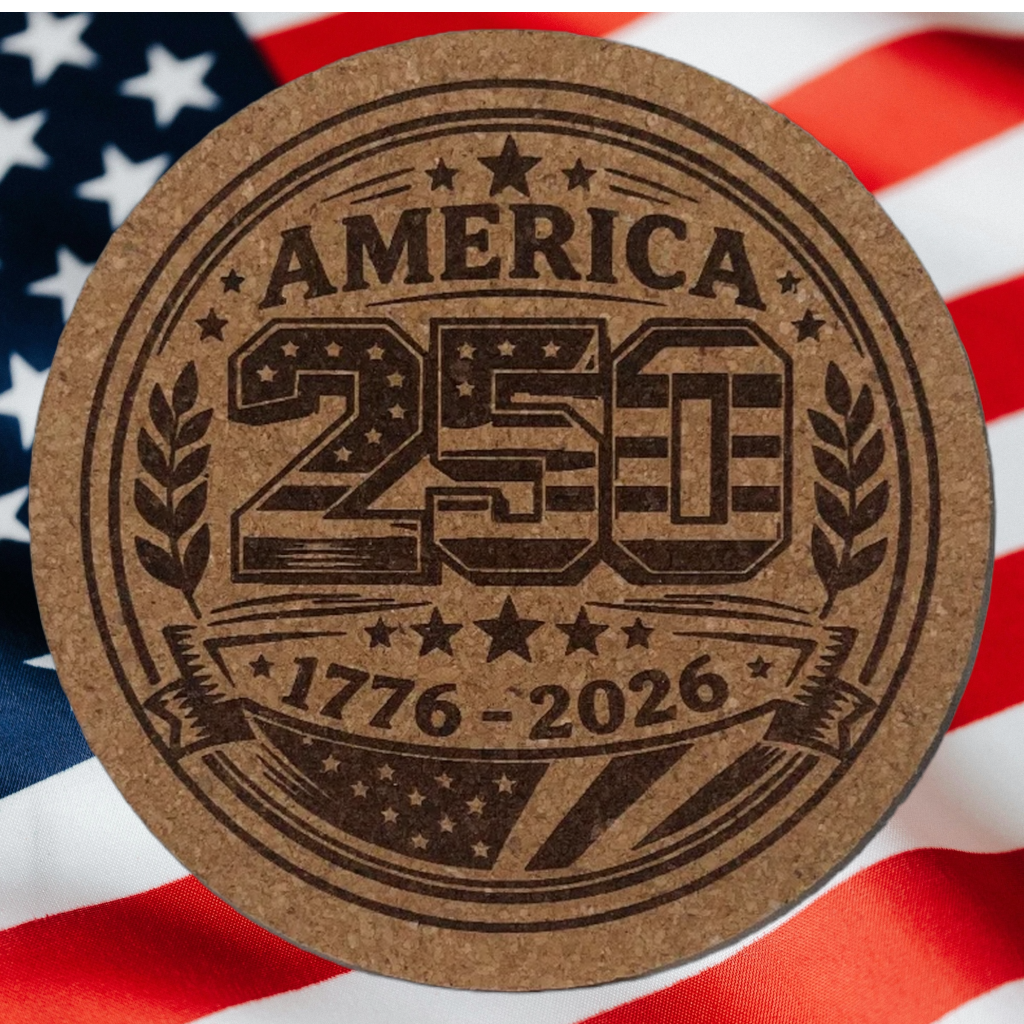 Round brown coaster with 'America 250' design on an American flag background