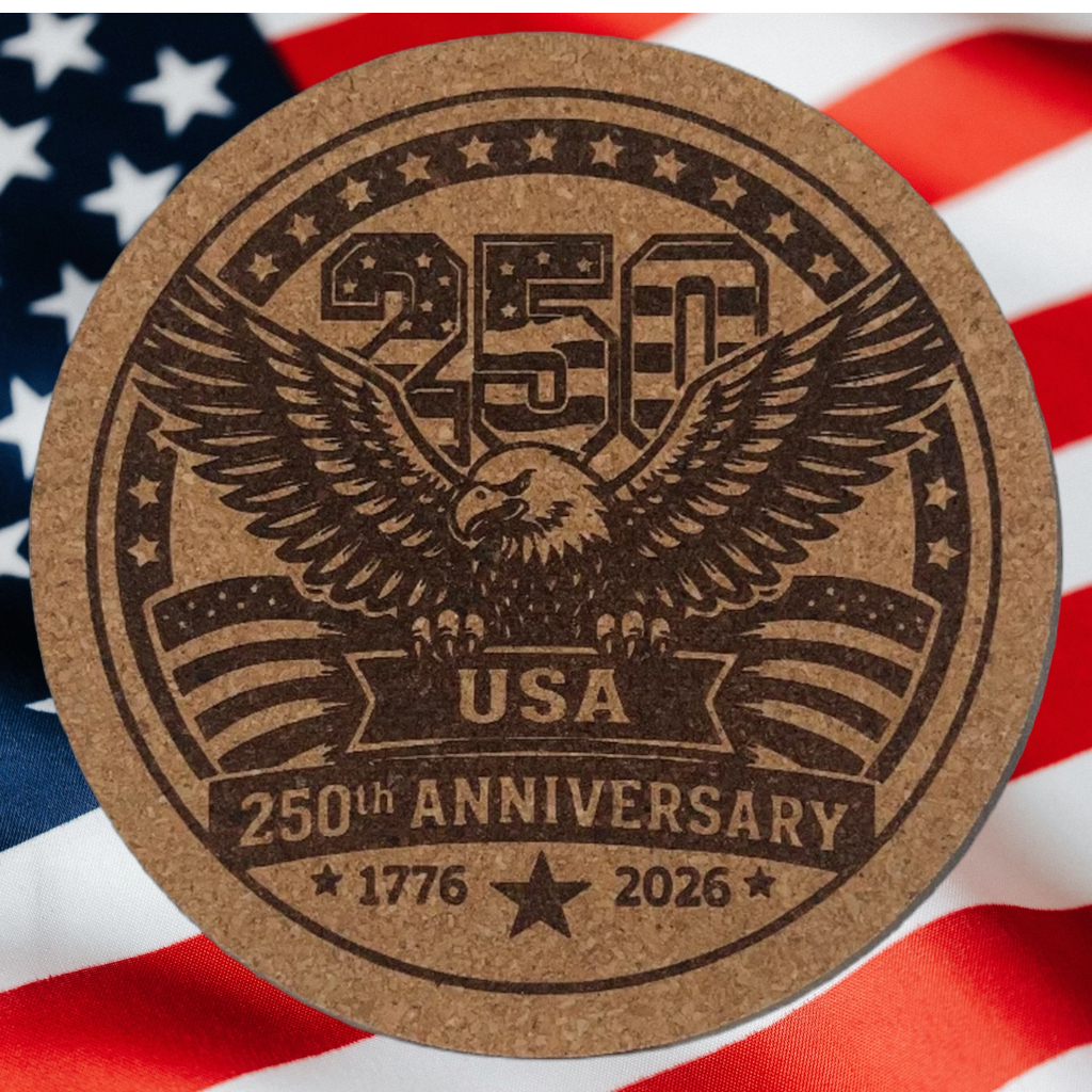 Circular emblem with eagle and '250th Anniversary USA 1776-2026' text on a flag background