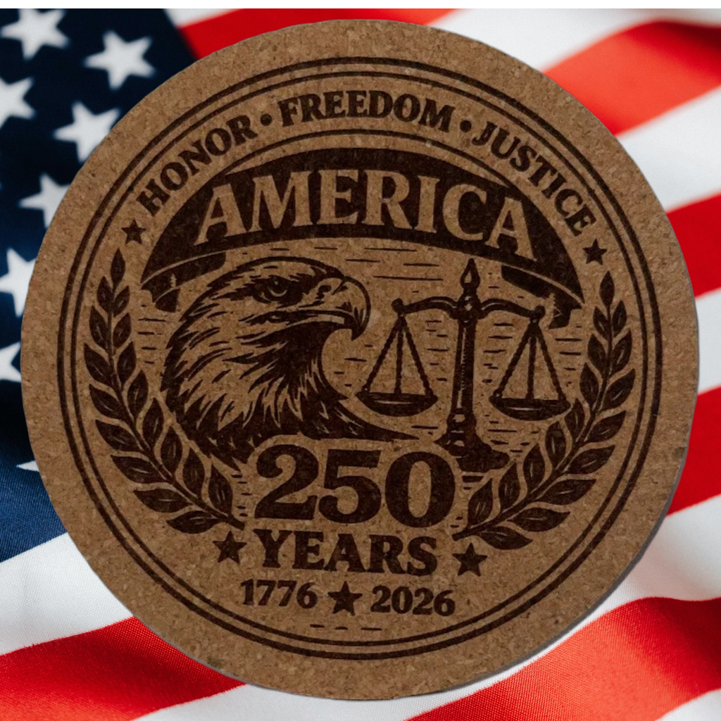 Round wooden coaster with American-themed design on an American flag background