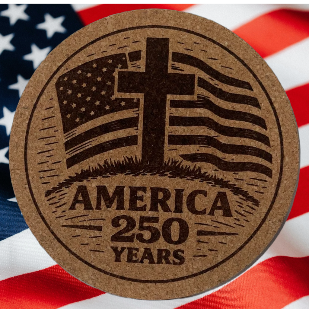 Round cork coaster with cross and 'America 250 Years' text on an American flag background