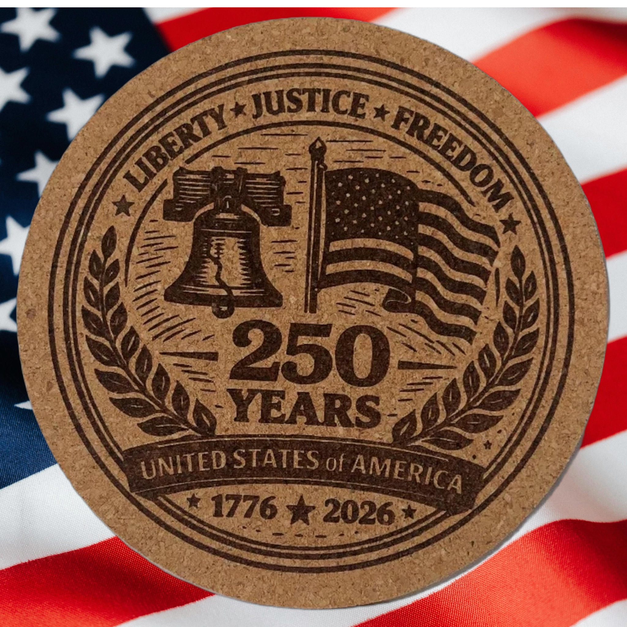 Round cork coaster with American flag and liberty bell design on a U.S. flag background
