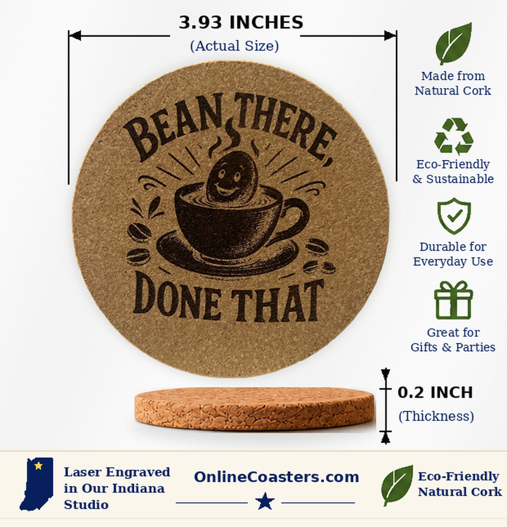 Bean There Done That cork coaster size diagram, 3.93 inch diameter and 0.2 inch thickness