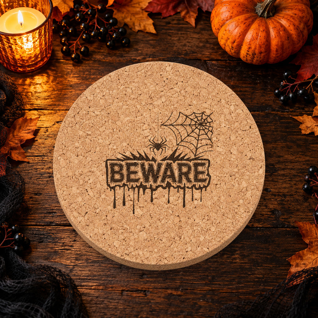 Beware laser engraved Halloween cork coaster — lifestyle view