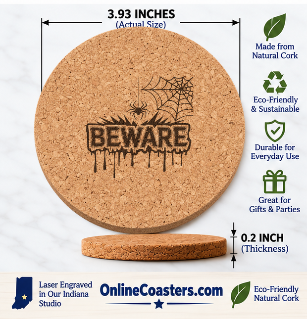 Beware cork coaster size diagram, 3.93 inch diameter and 0.2 inch thickness