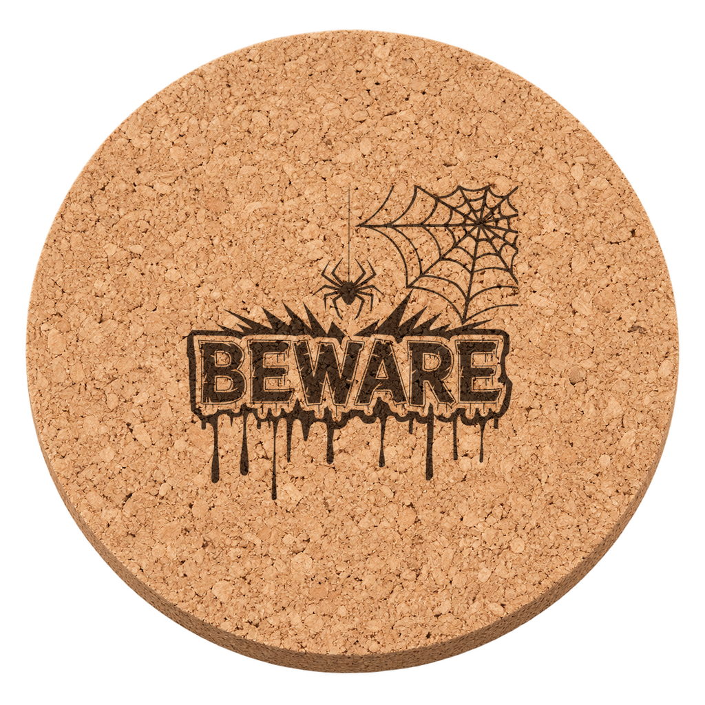 Beware laser engraved Halloween cork coaster — transparent view