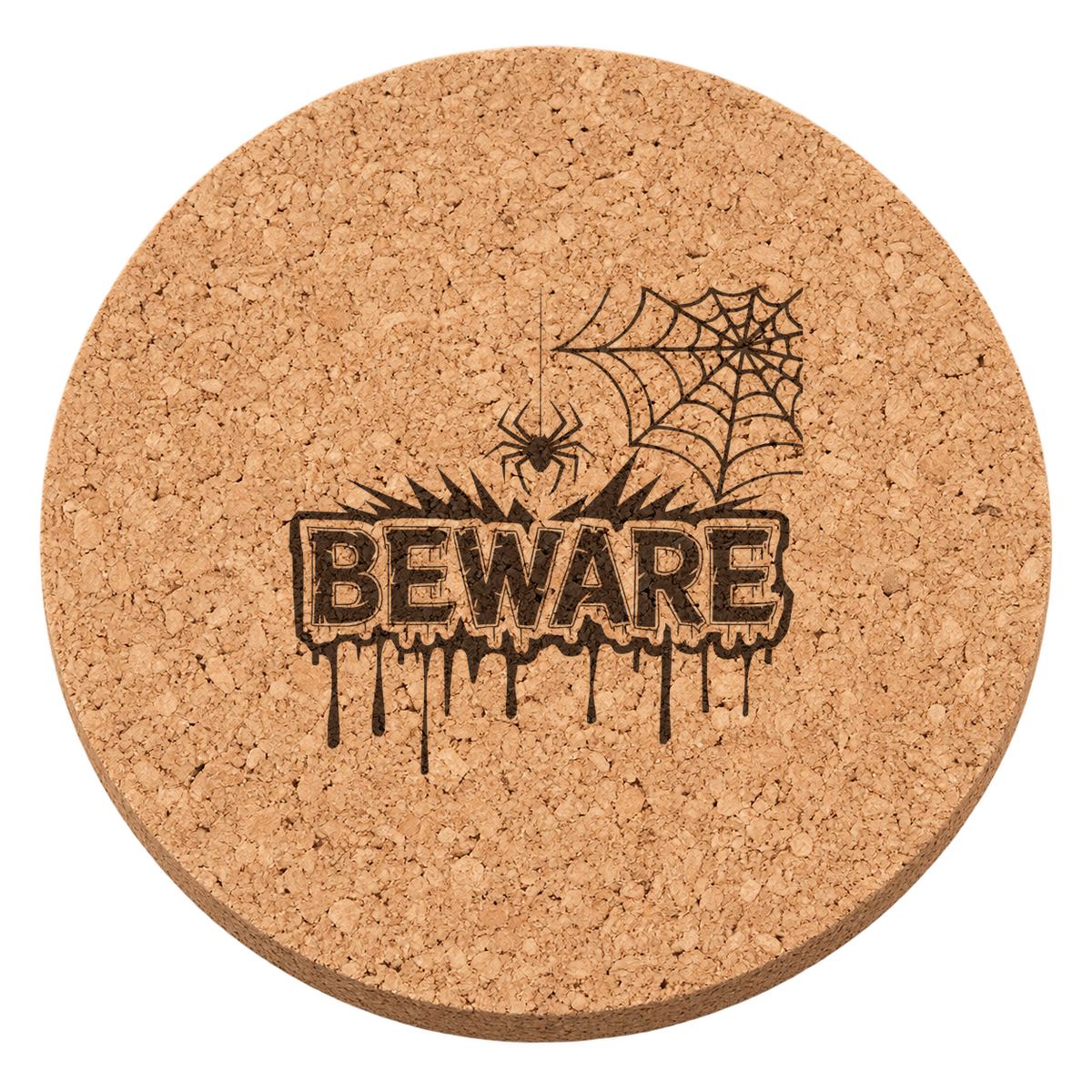 Beware laser engraved Halloween cork coaster — transparent view