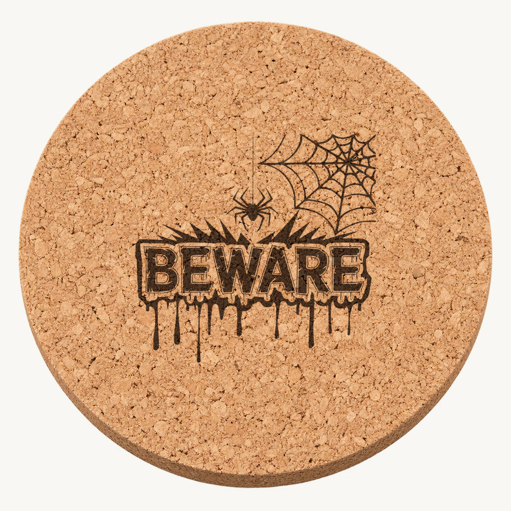 Beware laser engraved Halloween cork coaster — front view