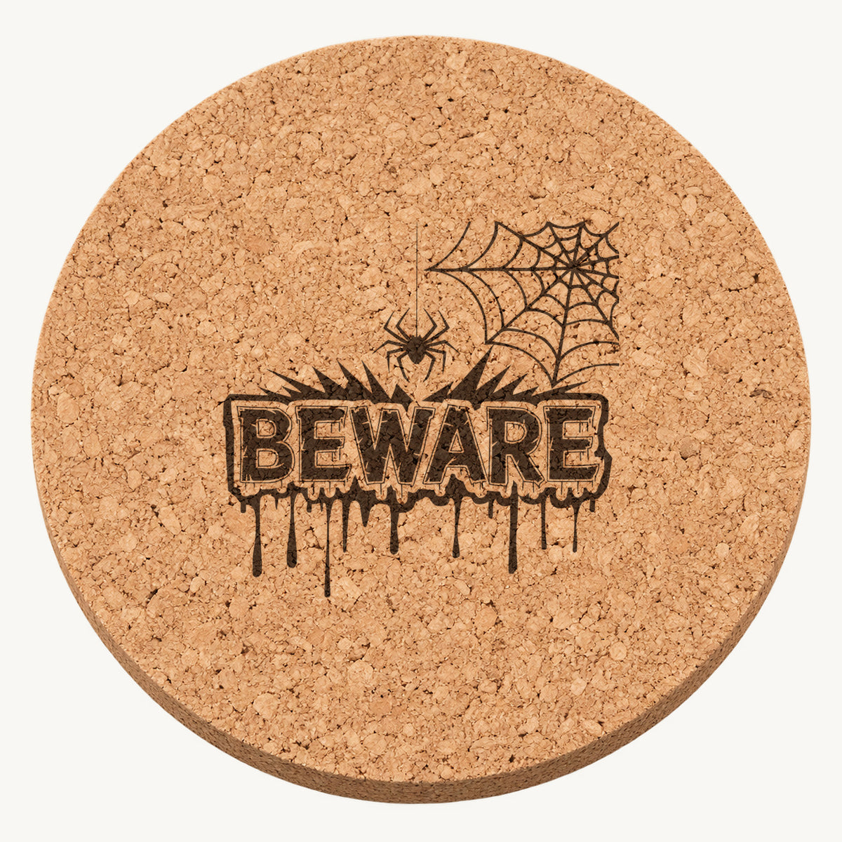 Beware laser engraved Halloween cork coaster — front view