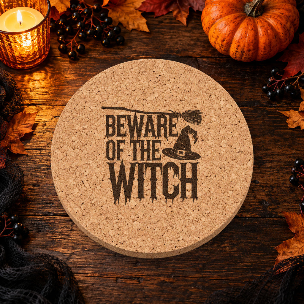 Beware of the Witch laser engraved Halloween cork coaster — lifestyle view