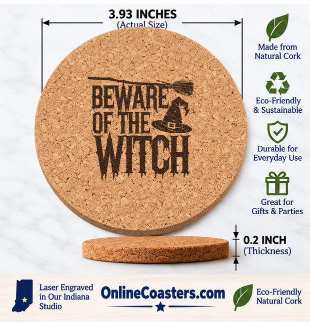Beware of the Witch cork coaster size diagram, 3.93 inch diameter and 0.2 inch thickness