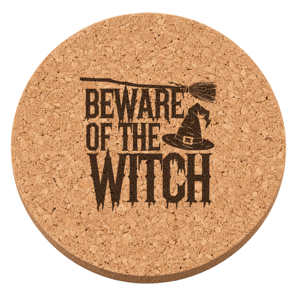 Beware of the Witch laser engraved Halloween cork coaster — transparent view