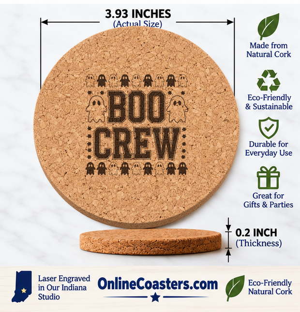 Boo Crew cork coaster size diagram, 3.93 inch diameter and 0.2 inch thickness