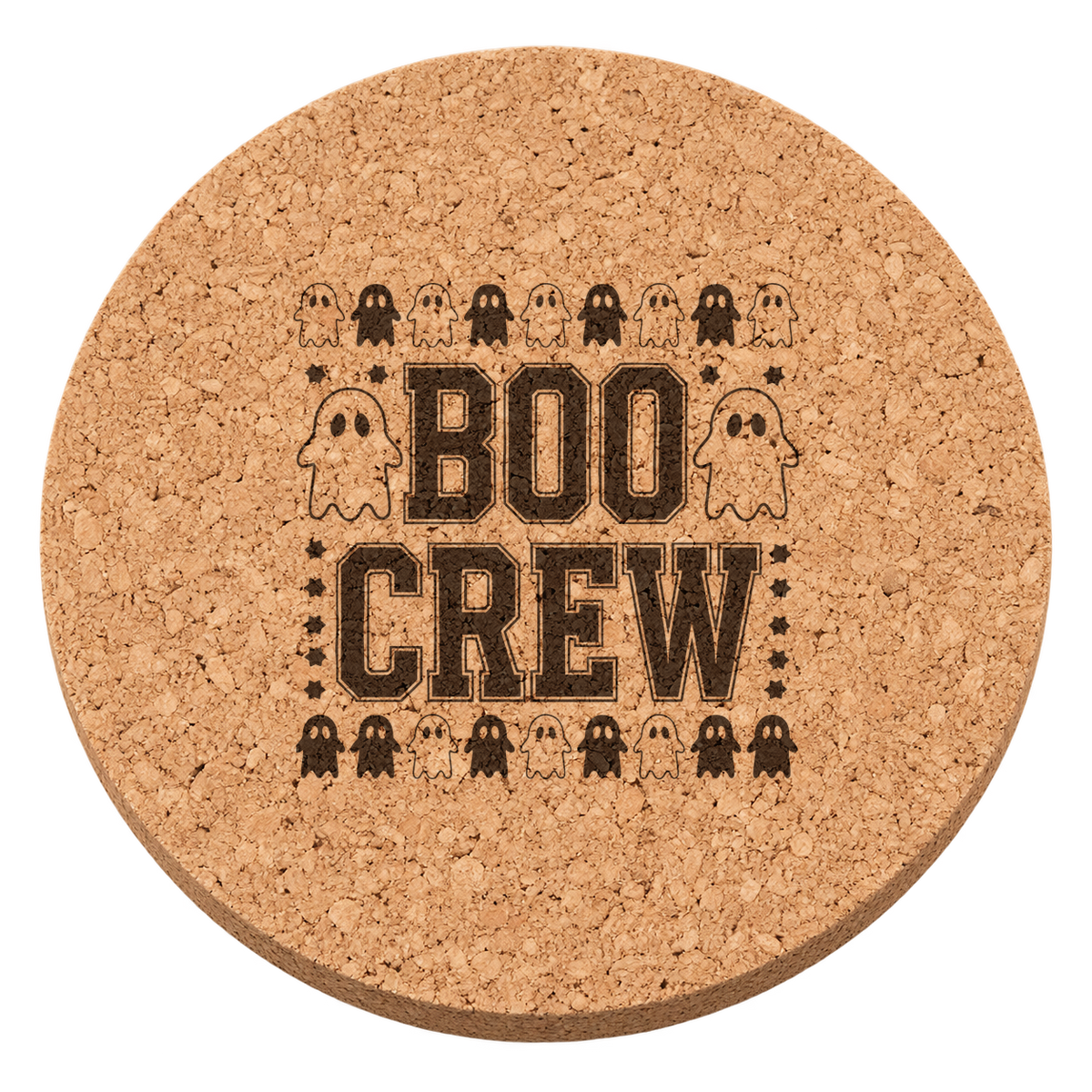Boo Crew laser engraved Halloween cork coaster — transparent view