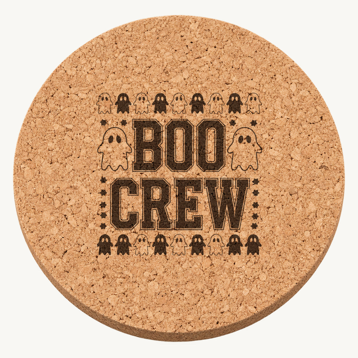 Boo Crew laser engraved Halloween cork coaster — front view