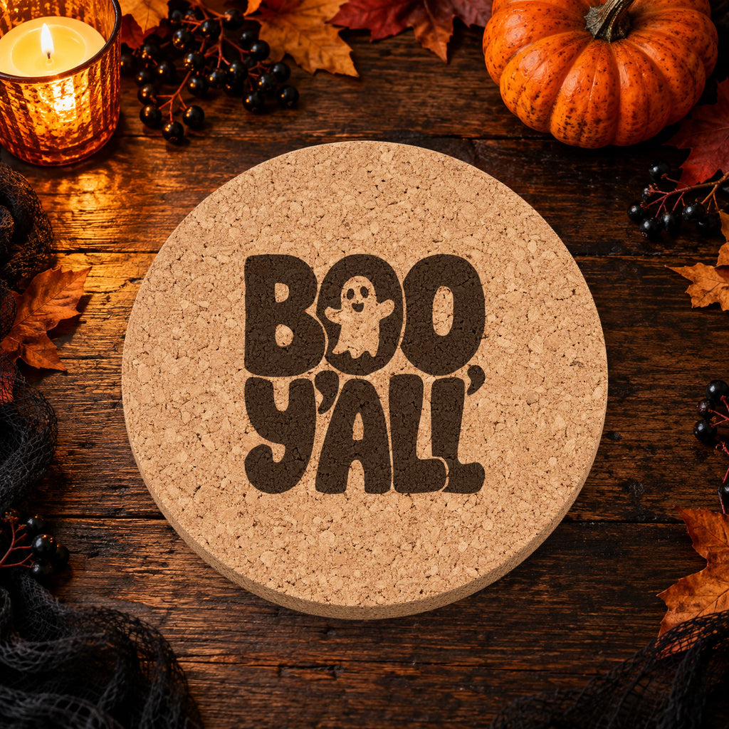 Boo Y'all laser engraved Halloween cork coaster — lifestyle view