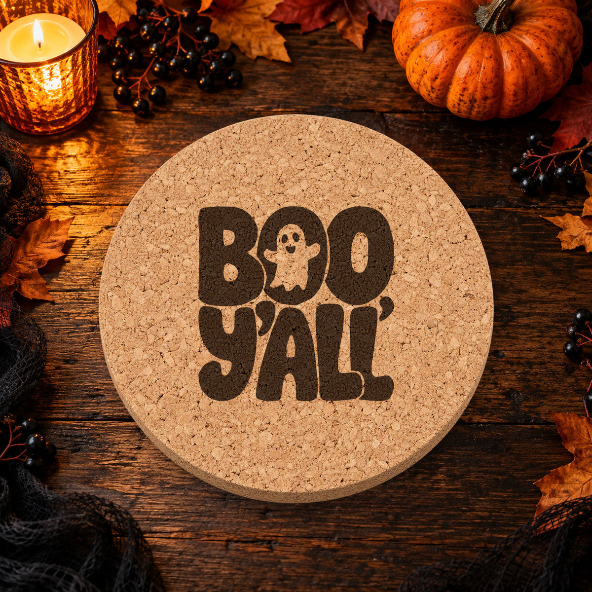 Boo Y'all laser engraved Halloween cork coaster — lifestyle view