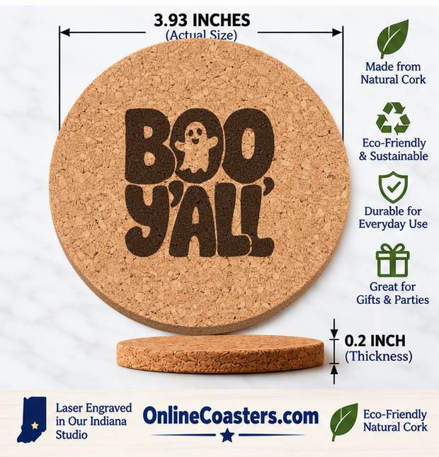 Boo Y'all cork coaster size diagram, 3.93 inch diameter and 0.2 inch thickness