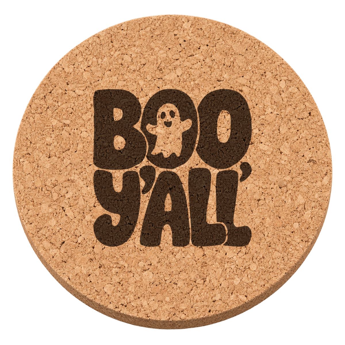 Boo Y'all laser engraved Halloween cork coaster — transparent view