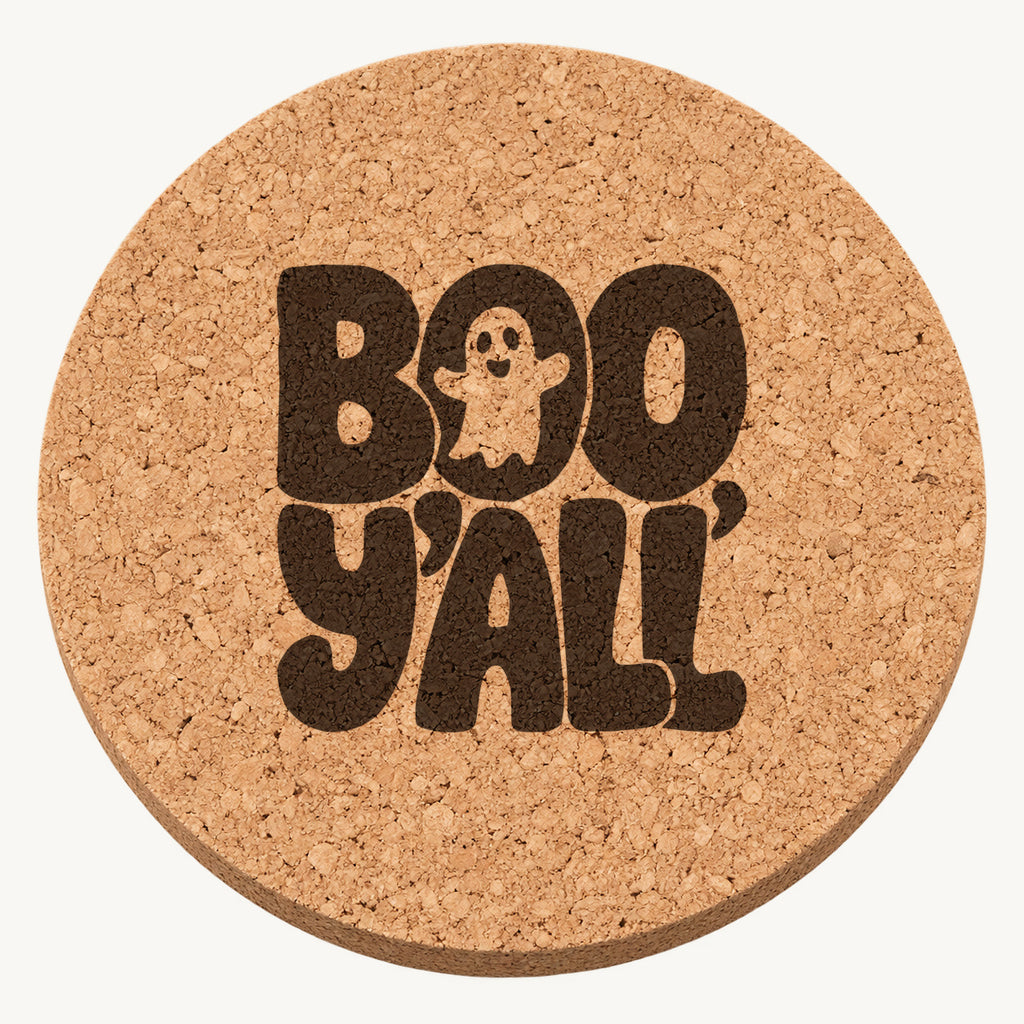 Boo Y'all laser engraved Halloween cork coaster — front view
