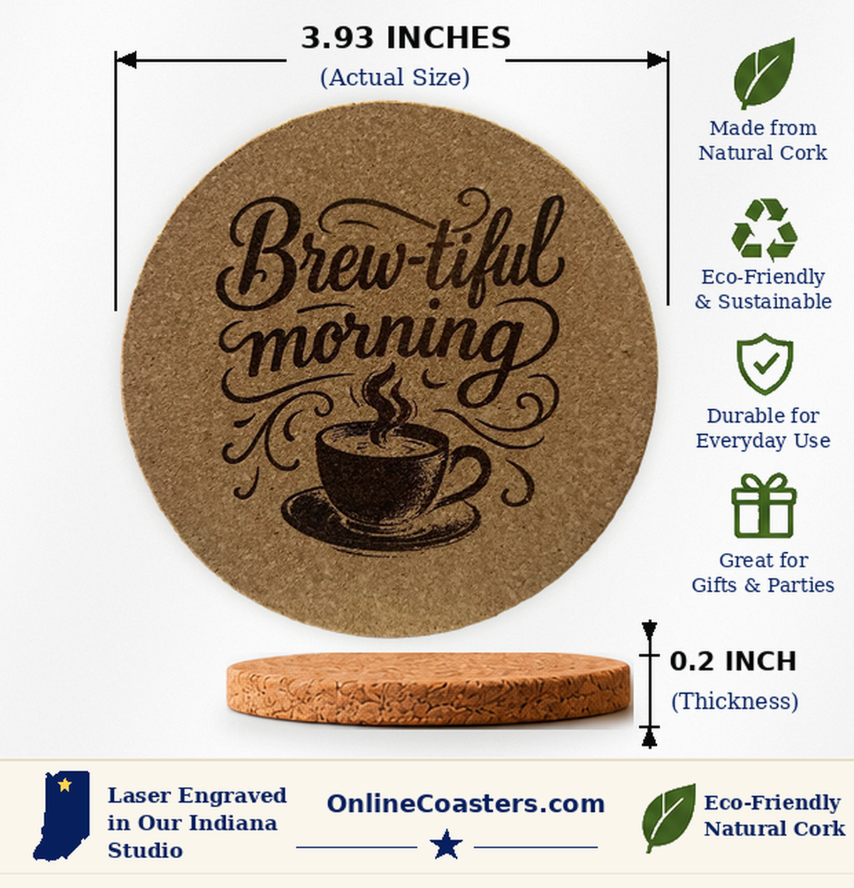 Brewtiful Morning cork coaster size diagram, 3.93 inch diameter and 0.2 inch thickness