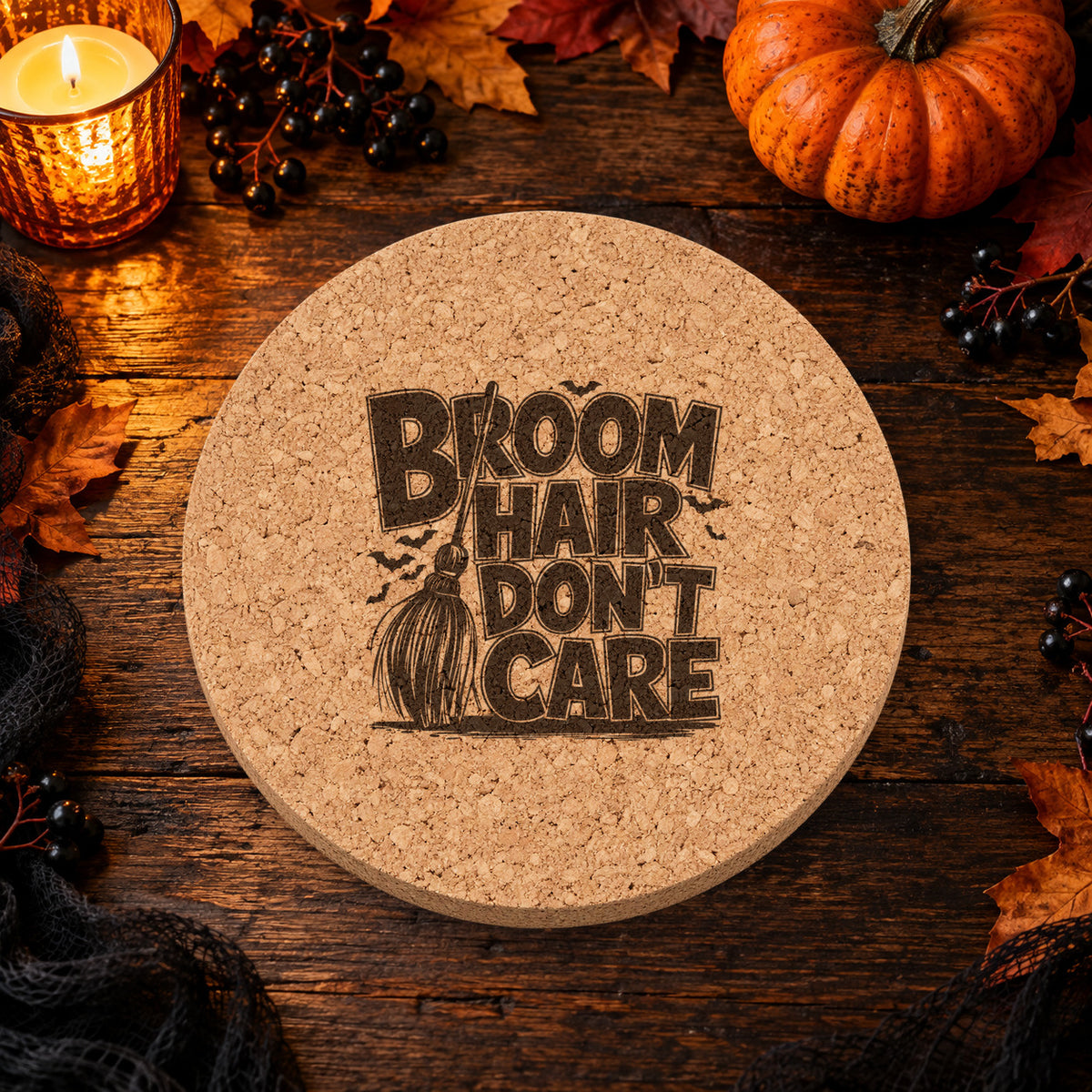 Broom Hair Don't Care laser engraved Halloween cork coaster — lifestyle view