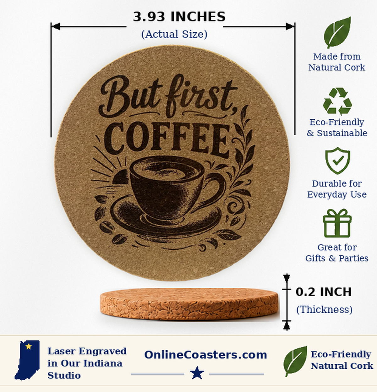 But First Coffee cork coaster size diagram, 3.93 inch diameter and 0.2 inch thickness