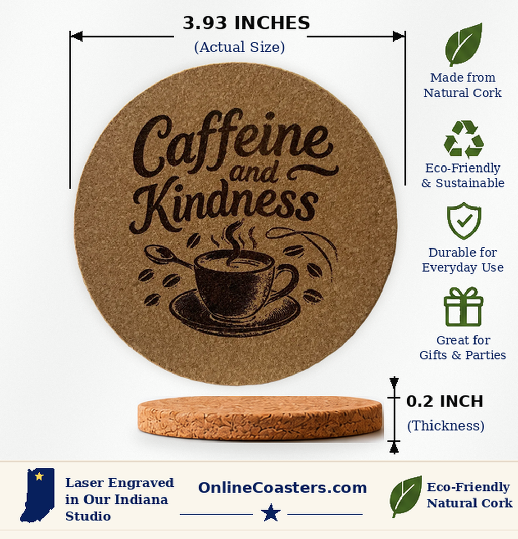 Caffeine And Kindness cork coaster size diagram, 3.93 inch diameter and 0.2 inch thickness