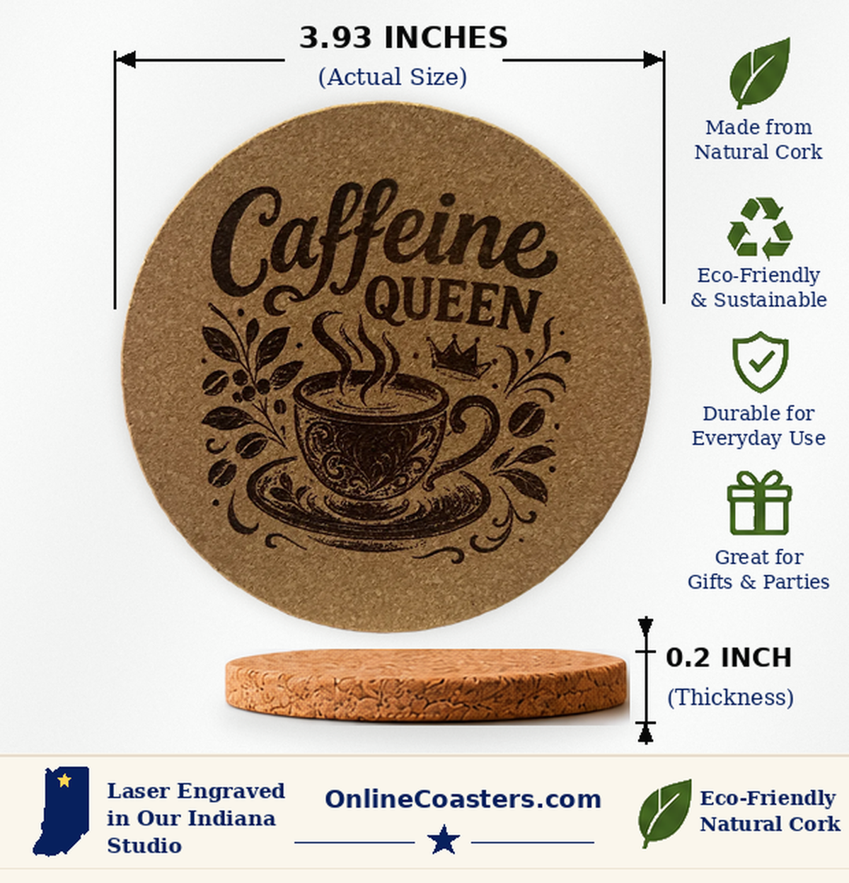 Caffeine Queen cork coaster size diagram, 3.93 inch diameter and 0.2 inch thickness